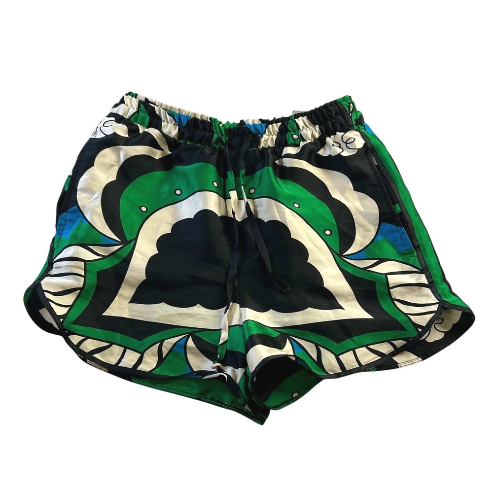 Zara Womens XS Satin Geometric Abstract Print Drawstring Shorts Green Black 8032